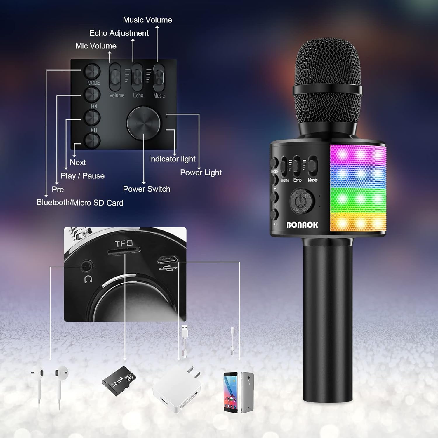 Karaoke Microphone for Kids Adults Wireless Mic with Bluetooth Speaker Rechargeable Portable Handheld Echo Microphones with Disco Light for Party Home Outdoor Speaking Singing,Q37L (Black)