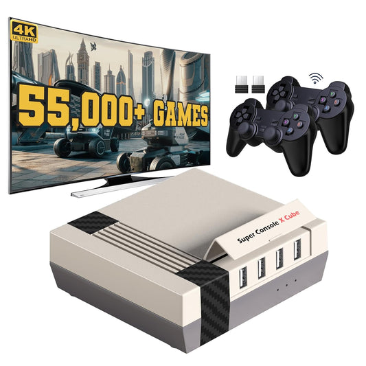 Retro Video Game Console, Super Console X Cube Built-In 55,000+ Games, Tv&Game Systems in 1, Game Consoles Support for 4K TV 1080P HD Output, 4 USB Port, Lan/Wifi, with 2 Wireless Controllers(128Gb)