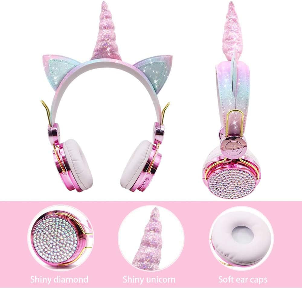 Kids Headphones, Wireless Headphones for Kids Unicorn Headphones for Girls Bluetooth Headphones W/Mic with Adjustable Headband, over on Ear Headset for Smartphones/School/Kindle/Tablet/Pc (Pink)