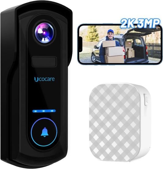 Video Doorbell Wireless with Chime, 2K FHD Wifi Doorbell Camera, PIR Motion Detection, Voice Message, Night Vision, 2-Way Audio, IP67, Support Local Storage & Cloud Storage