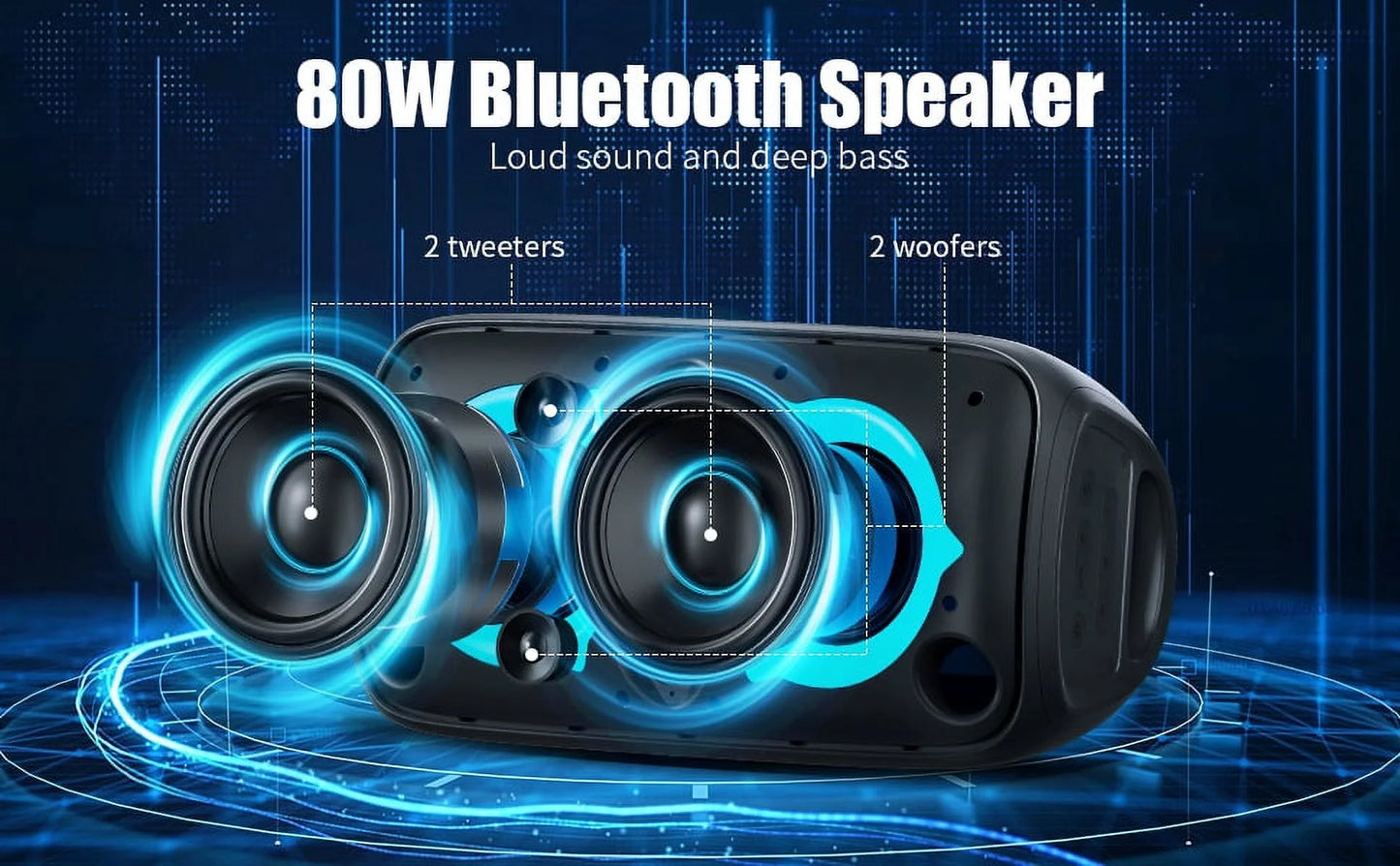 Bluetooth Speaker,  P6 Party Speaker with Wireless Microphone, 80W Super Punchy Bass, Loud Sound Wireless Speakers with Lights