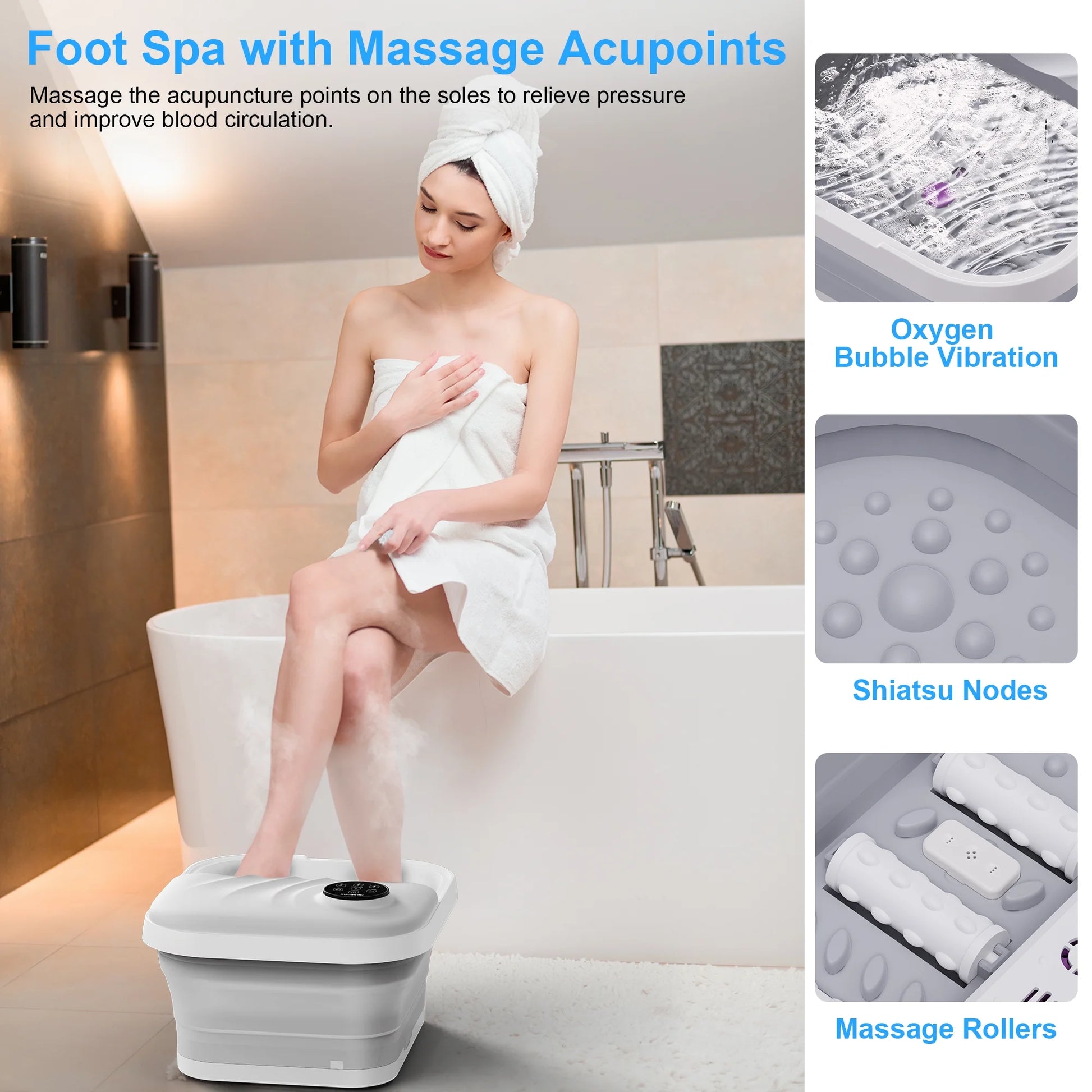 Foot Spa Bath Massager with Heat, Collapsible Bubble Massager with Remote Control, 6 Massage Rollers & Raised Massage Nodes for Foot Pain Relief, Gray