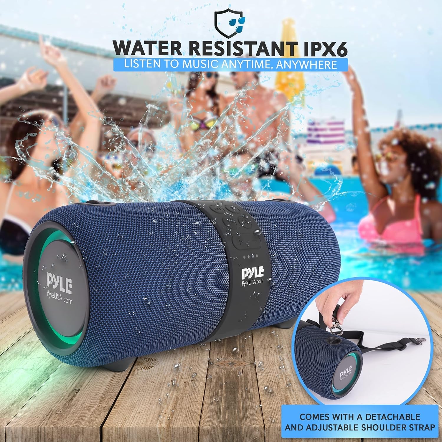 usa Wireless Portable Bluetooth Boombox Speaker - 2Ch Waterproof Rechargeable Fabric Stereo Speaker W/Google Assistant/Siri Voice Control, TWS Function, USB FM Radio, RGB Lights -PSBWP9BL (Blue)