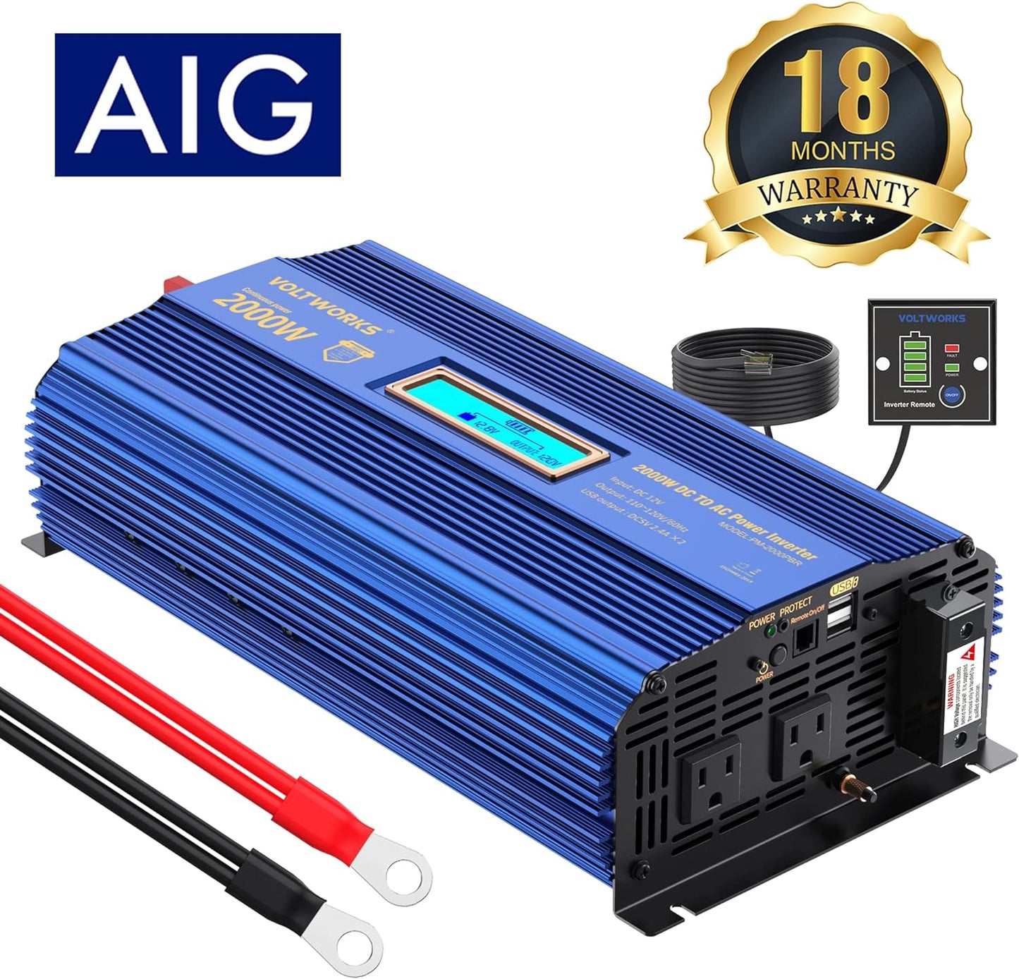 Power Inverter 2000W DC 12V to AC 120V ETL UL458 Compatible with Lithium Battery for Off-Grid Solar Car RV Truck Boat with LCD Display Remote Control 2 AC Outlets Dual 2.4A USB Ports by