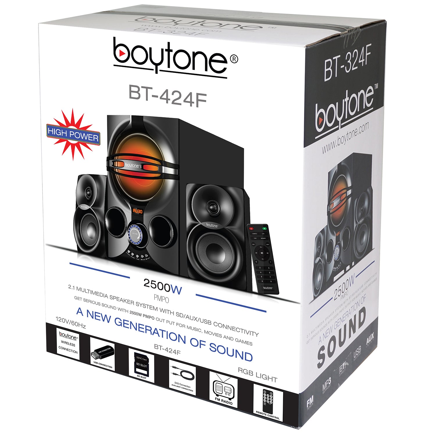 BT-424FN, 2.1 Bluetooth Powerful Home Theater Speaker Systems, FM Radio, SD Slot, USB Port, MP3 Format, Digital Play Back, 40 Watts, RGB Light, Remote Control, for Smartphone, Tablet