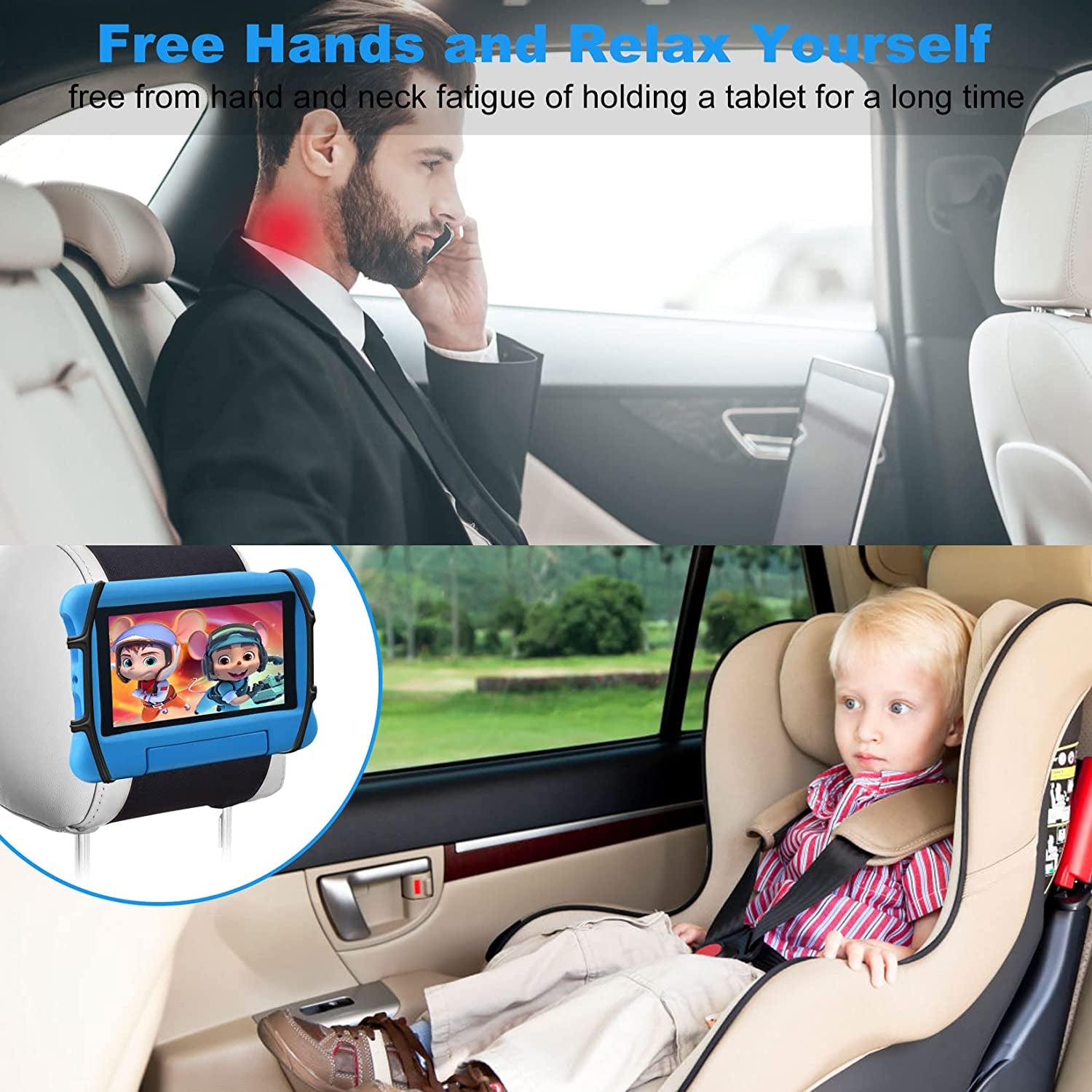 Anaoer Car Headrest Mount Silicon Holder, 2 Pack Universal Tablet Holder in Back Seats, Car Mount Angle-Adjustable Car Headrest Holder Fits All 7-12.9 Inch Tablets/Game Machines