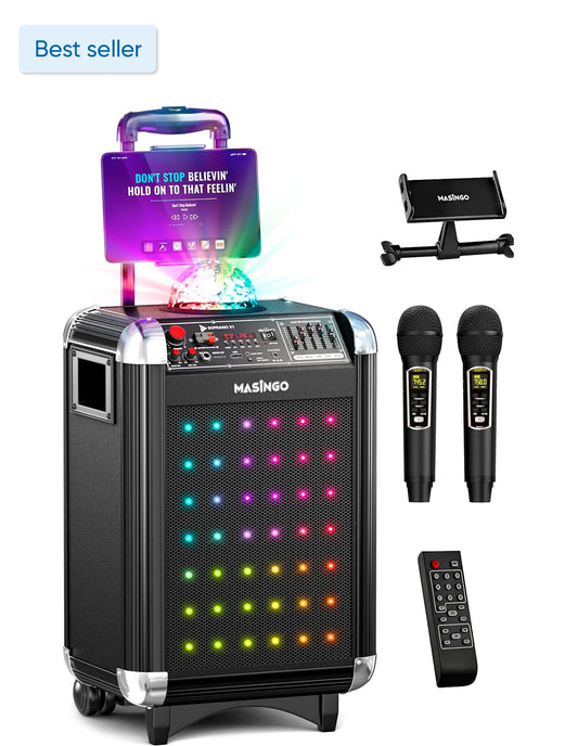 Karaoke Machine for Adults and Kids with 2 Bluetooth Wireless Microphones. Portable Singing PA Speaker System with Disco Ball Party Lights, Lyrics Display Tablet Holder & TV Cable. Soprano X1