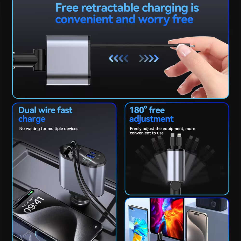 Retractable Car Charger, 4 in 1 Fast Charging Car Charger 120W, Retractable Cable and 2 USB Ports Car Charger Adapter Compatible