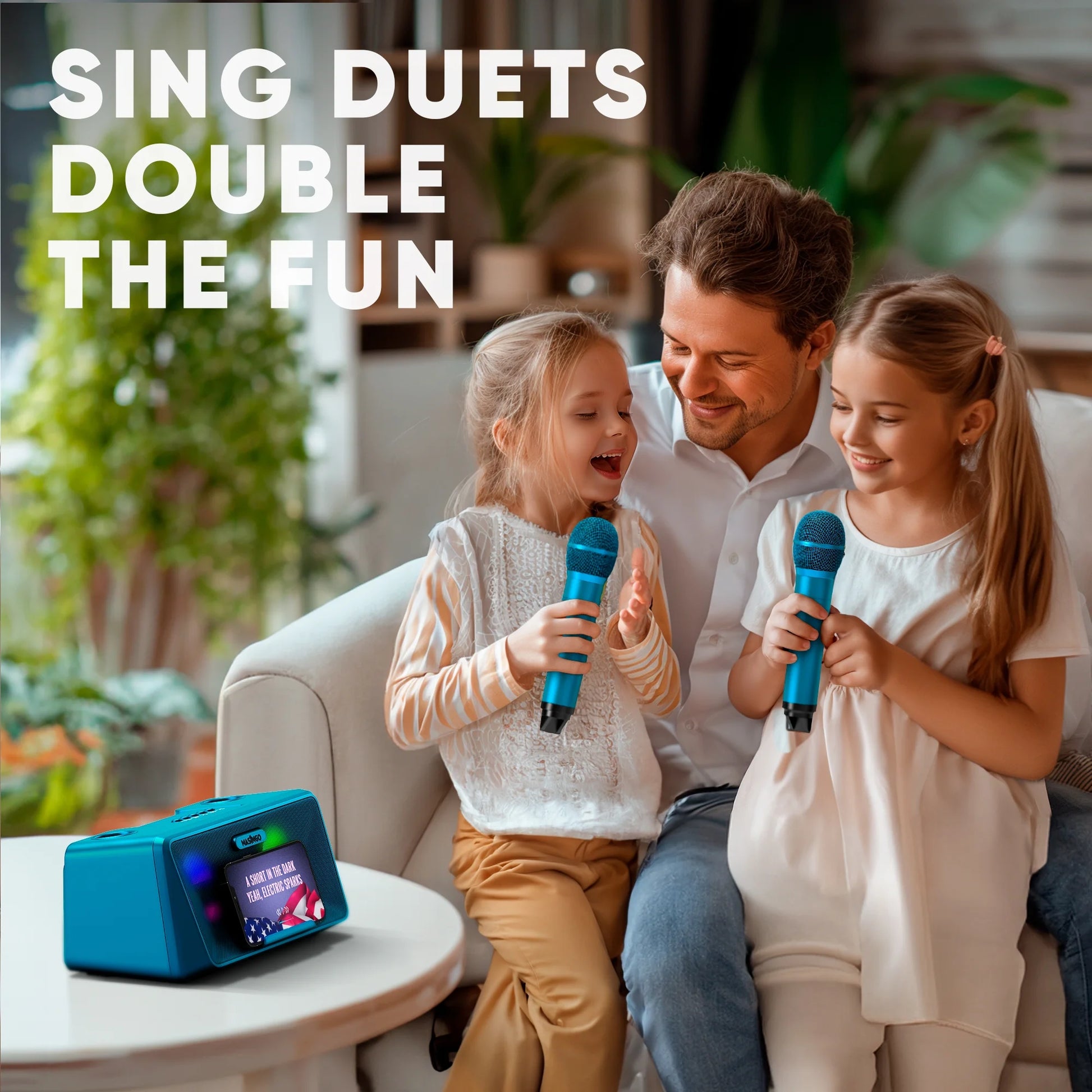 Karaoke Machine for Adults and Kids with 2 Wireless Microphones, Portable Bluetooth Singing Speaker, Colorful LED Lights, PA System, Lyrics Display Holder & TV Cable - Presto G2 (Turquoise)