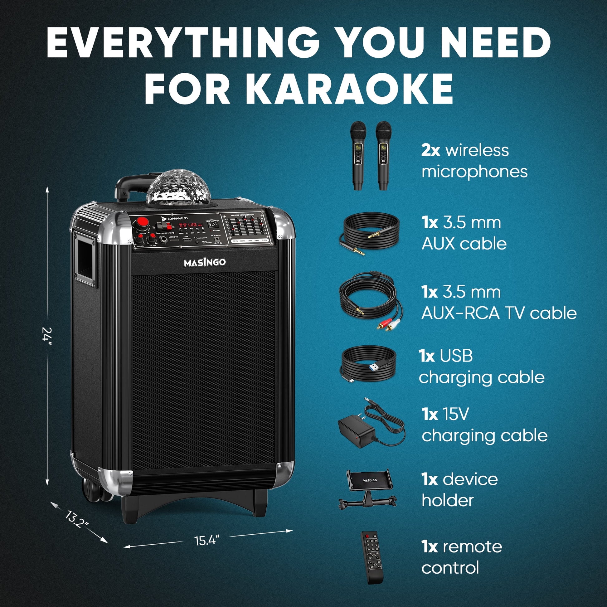 Karaoke Machine for Adults and Kids with 2 Bluetooth Wireless Microphones. Portable Singing PA Speaker System with Disco Ball Party Lights, Lyrics Display Tablet Holder & TV Cable. Soprano X1