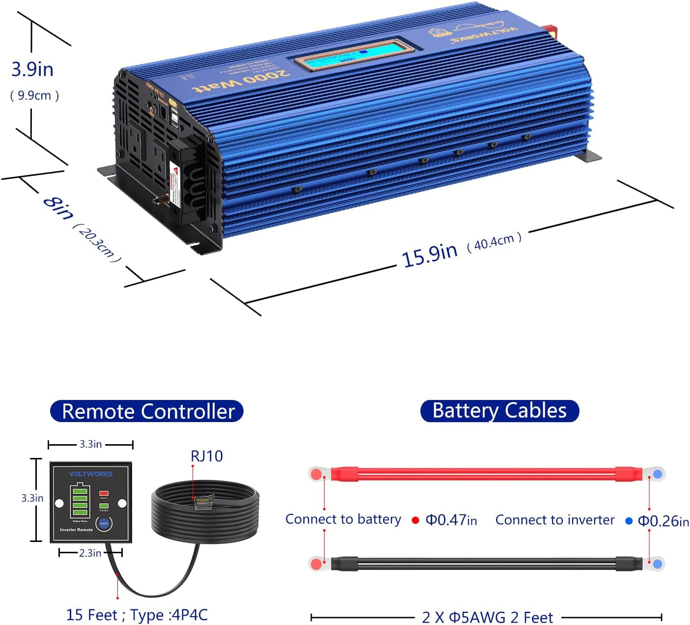 Power Inverter 2000W DC 12V to AC 120V ETL UL458 Compatible with Lithium Battery for Off-Grid Solar Car RV Truck Boat with LCD Display Remote Control 2 AC Outlets Dual 2.4A USB Ports by