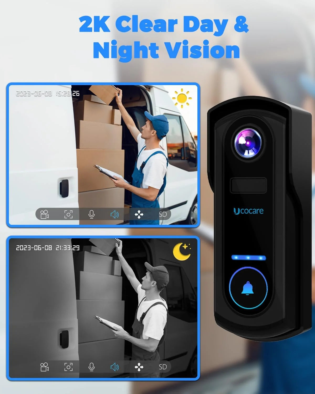 Video Doorbell Wireless with Chime, 2K FHD Wifi Doorbell Camera, PIR Motion Detection, Voice Message, Night Vision, 2-Way Audio, IP67, Support Local Storage & Cloud Storage