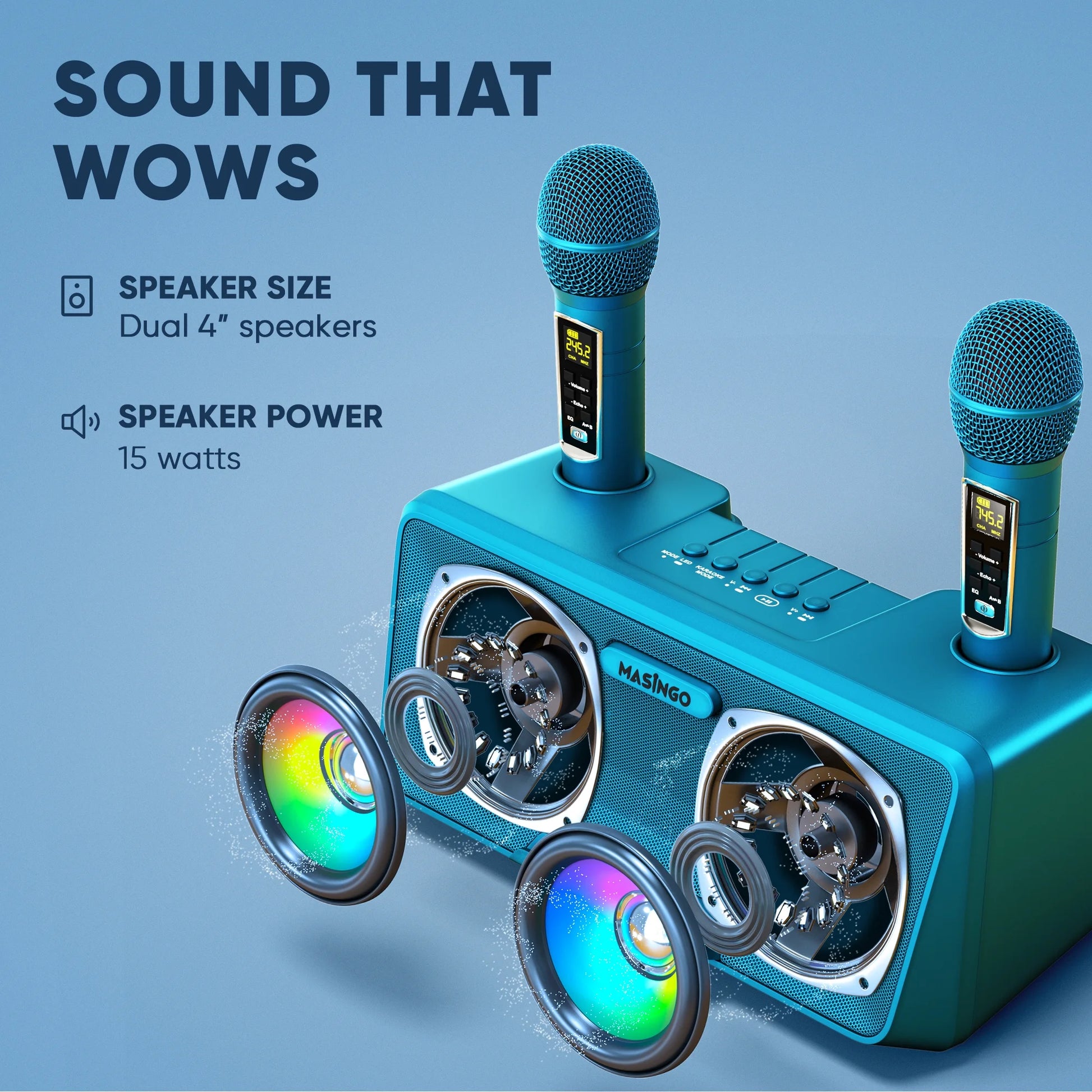 Karaoke Machine for Adults and Kids with 2 Wireless Microphones, Portable Bluetooth Singing Speaker, Colorful LED Lights, PA System, Lyrics Display Holder & TV Cable - Presto G2 (Turquoise)