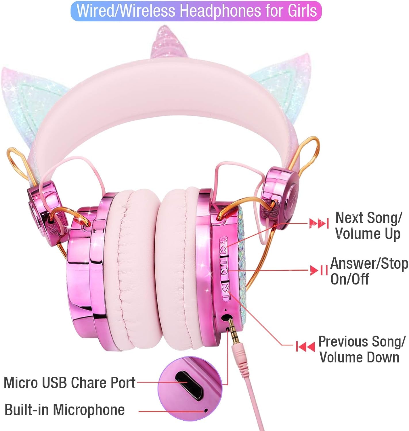 Kids Headphones, Wireless Headphones for Kids Unicorn Headphones for Girls Bluetooth Headphones W/Mic with Adjustable Headband, over on Ear Headset for Smartphones/School/Kindle/Tablet/Pc (Pink)