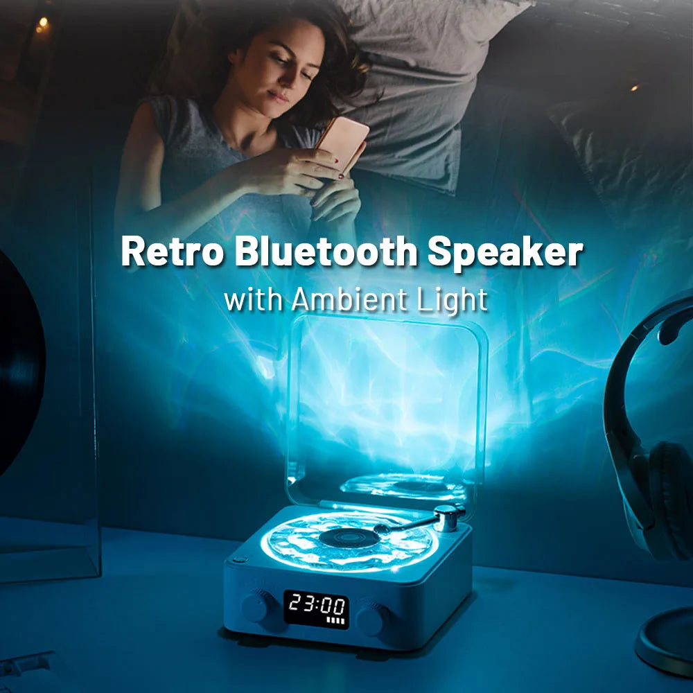 Retro Turntable Speaker Wireless Bluetooth 5.0 Vinyl Record Player Stereo Sound with White Noise RGB Projection Lamp Effect