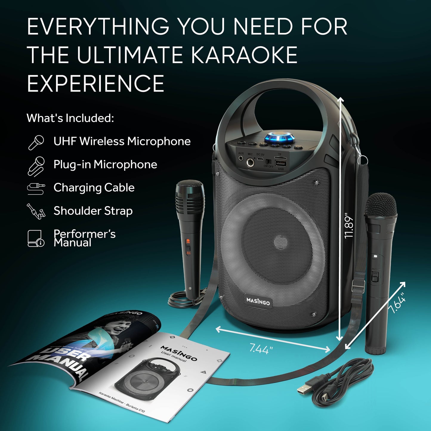 Karaoke Machine for Kids and Adults with 1 Wireless Karaoke Microphone and 1 Wired Mic, PA Portable Speaker System with LED Lights, Supports TF Card/Usb, AUX/MIC In, TWS for Home Party, Burletta C10