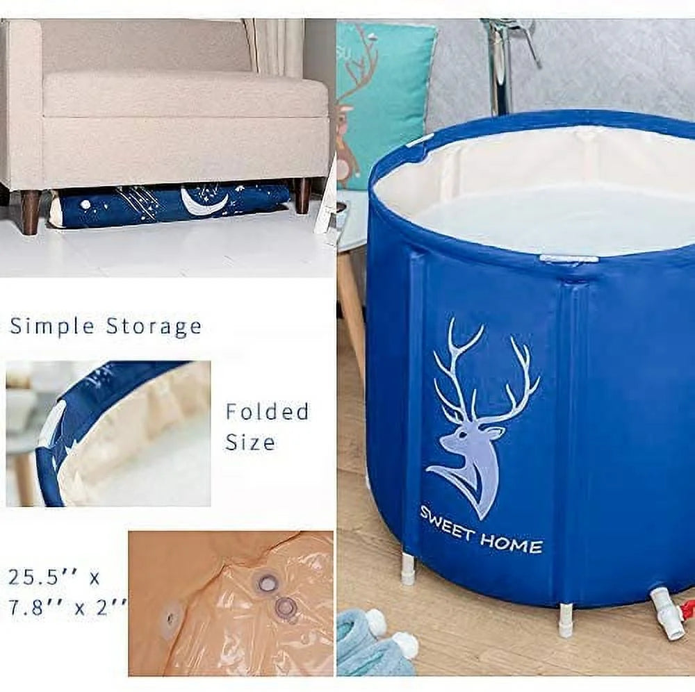 Portable Bathtub, Foldable Soaking Bathing Tub for Freestanding Shower Stall, Thickened Thermal Foam to Keep Temperature for Spa Hot Ice Bath, Blue