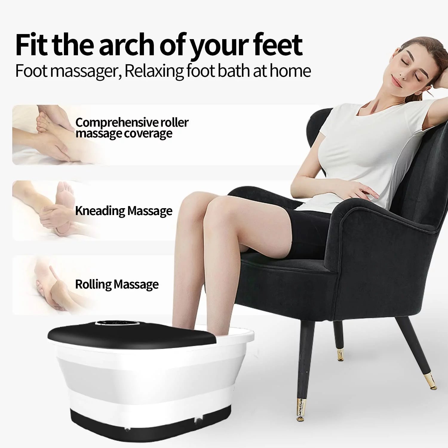 Electric Collapsible Foot Spa with Heat, 16 Massage Rollers, Bubble, Foot Care, Deep Tissue Foot Soaker Tub for Home Use, Pedicure Massager, Remote Control, Black