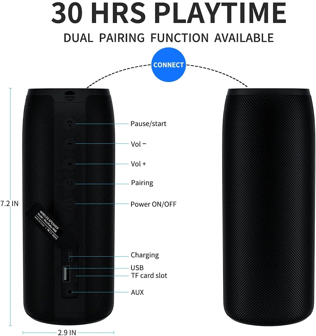 Waterproof Bluetooth Speaker, Portable Outdoor Wireless Speaker with Loud Stereo Sound, 30H Playtime,Black