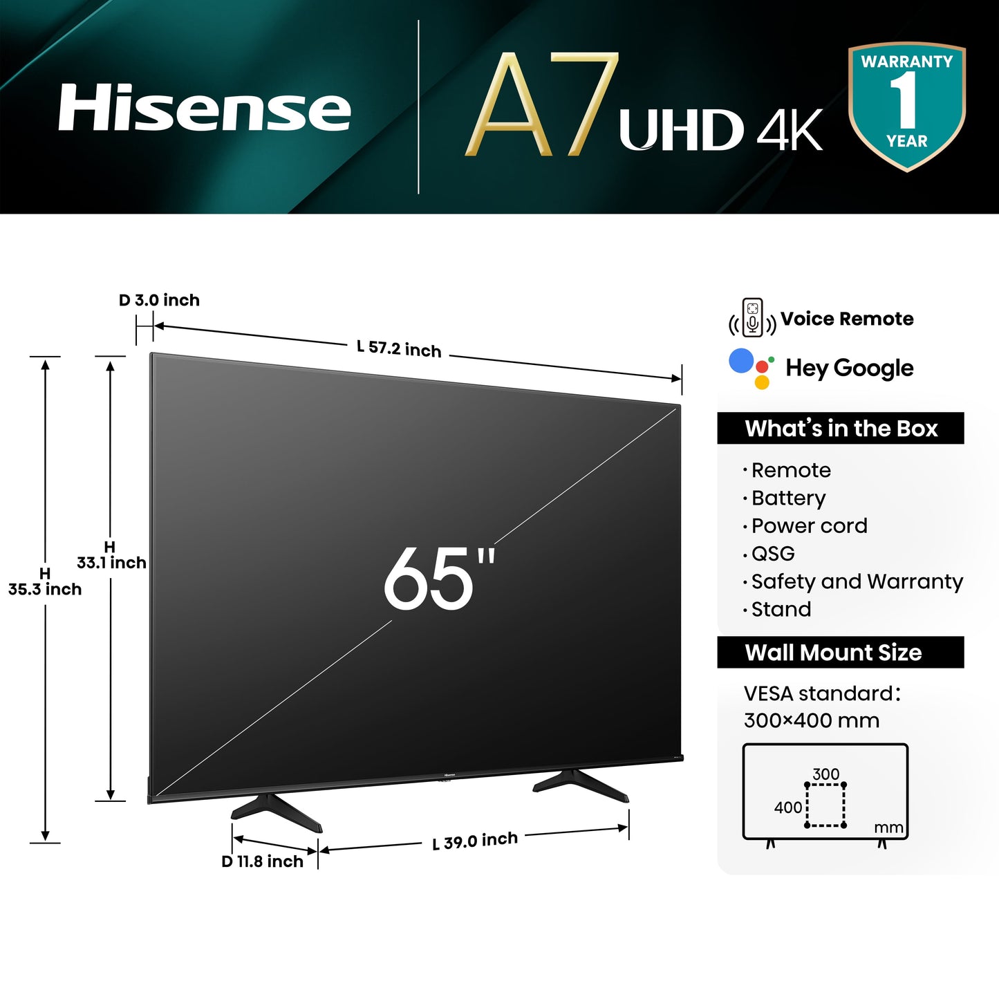 65-Inch Class A7 Series Dolby Vision HDR 4K UHD Google Smart TV (65A7N)