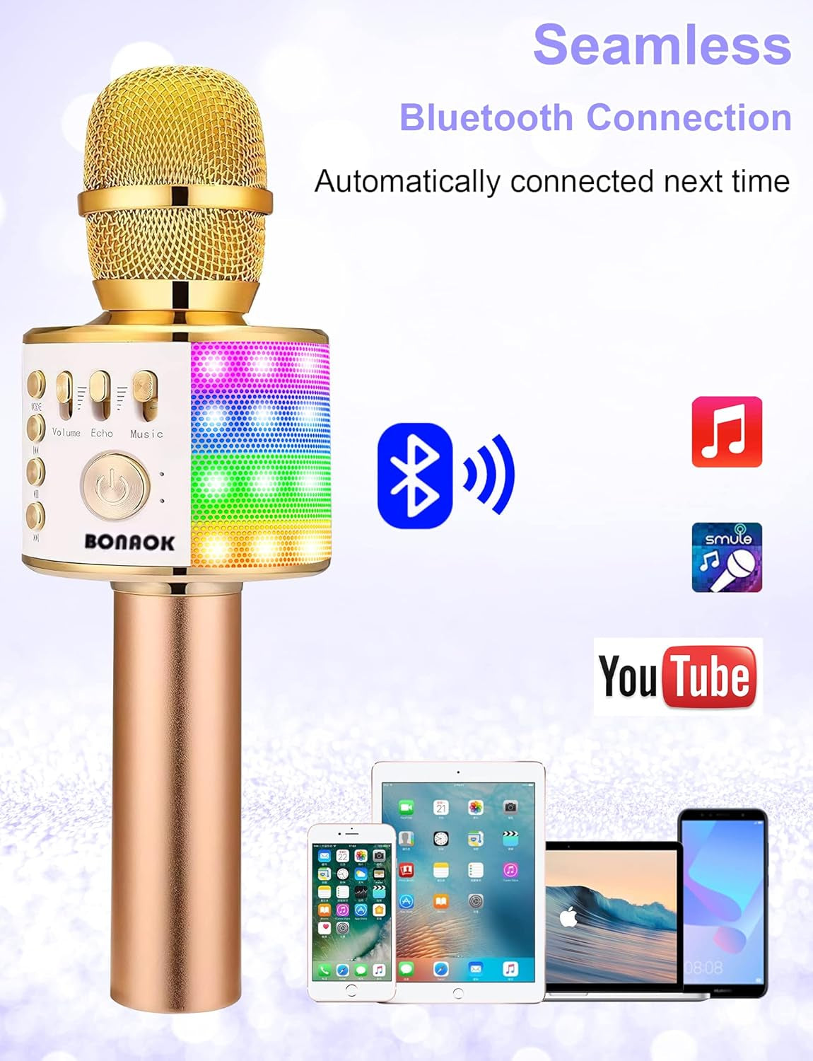 Karaoke Microphone for Kids Adults Wireless Mic with Bluetooth Speaker Rechargeable Portable Handheld Echo Microphones with Disco Light for Party Home Outdoor Speaking Singing,Q37L (Gold)