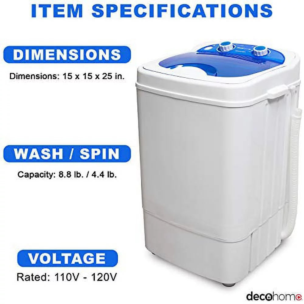 Portable Washing Machine for Apartments, Dorms, and Tiny House with 8.8 Lb Capacity, 250W Power, Wash and Spin Cycles, Includes Drainage Hose