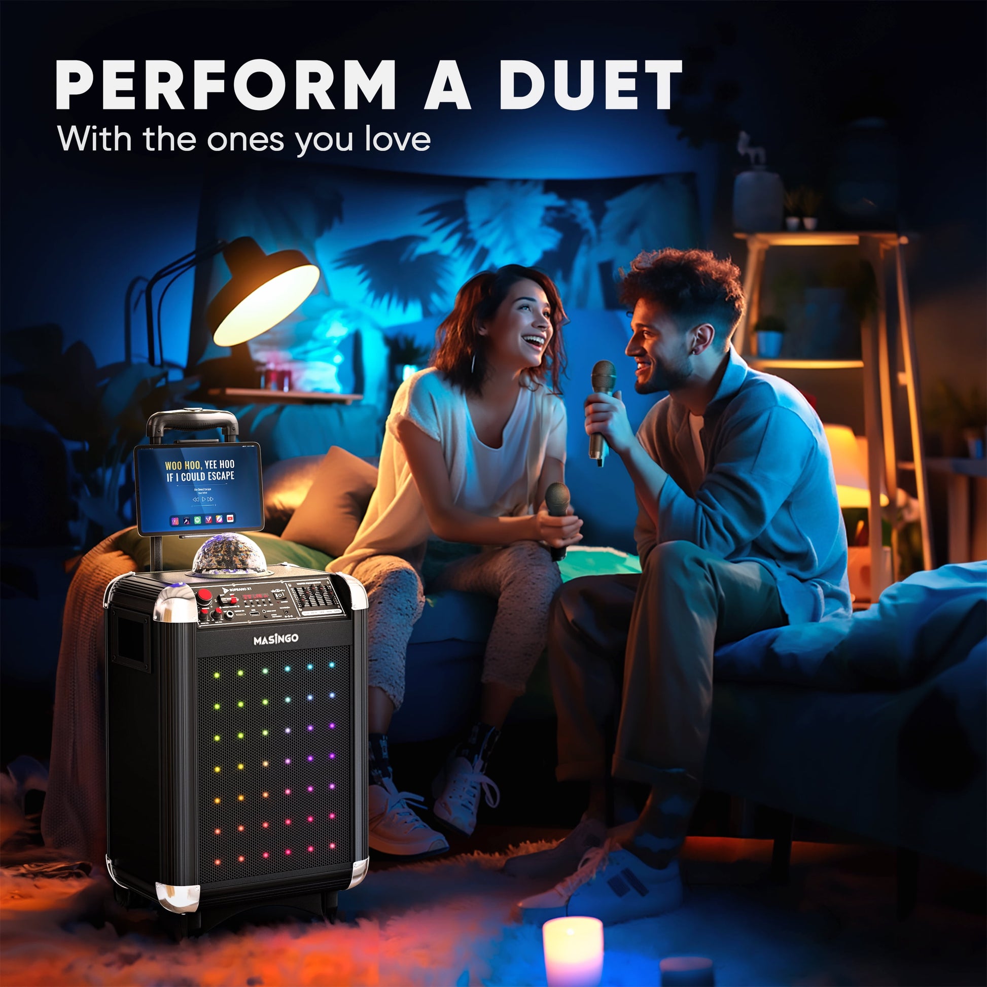 Karaoke Machine for Adults and Kids with 2 Bluetooth Wireless Microphones. Portable Singing PA Speaker System with Disco Ball Party Lights, Lyrics Display Tablet Holder & TV Cable. Soprano X1