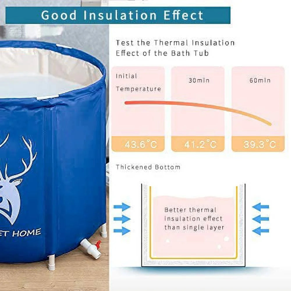 Portable Bathtub, Foldable Soaking Bathing Tub for Freestanding Shower Stall, Thickened Thermal Foam to Keep Temperature for Spa Hot Ice Bath, Blue