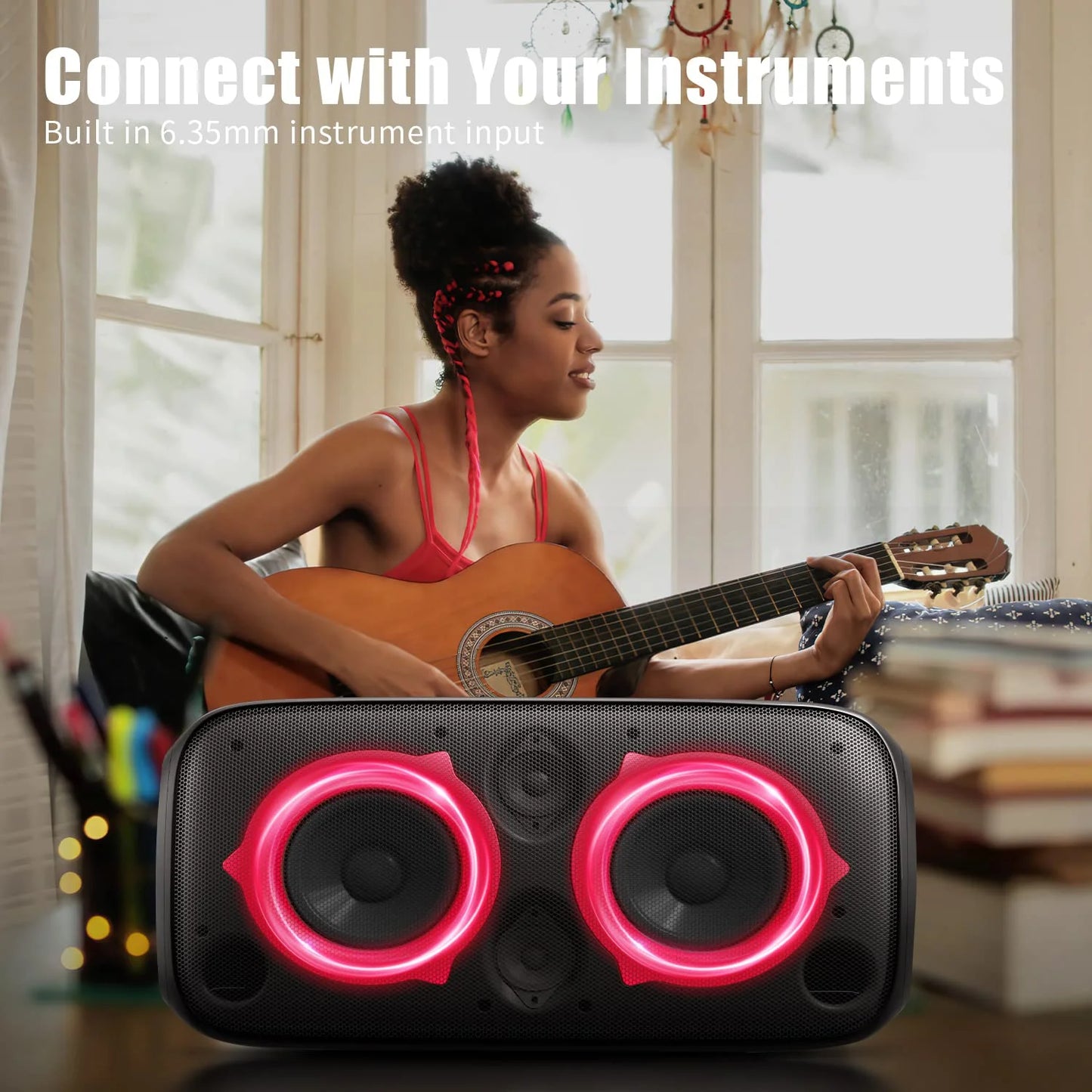 Bluetooth Speaker,  P6 Party Speaker with Wireless Microphone, 80W Super Punchy Bass, Loud Sound Wireless Speakers with Lights