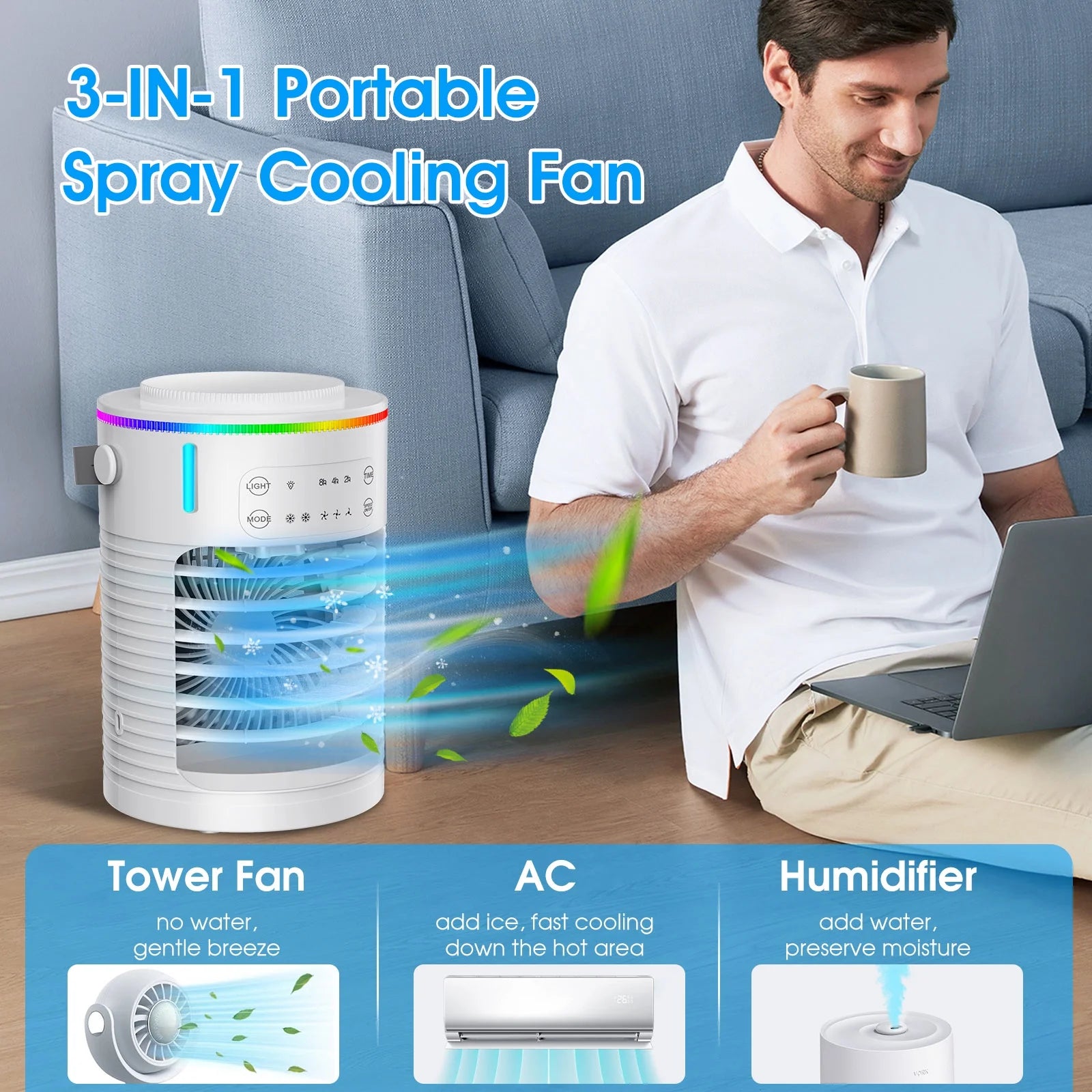 Portable Mini Air Conditioners, USB Personal Air Conditioner, 3-Speed Small Ac Unit, Evaporative Air Cooler with Timer,Nightlight,Tank,2 Mist Modes, Cooling Fan for Bedroom,Office,Tent,Camping,Car