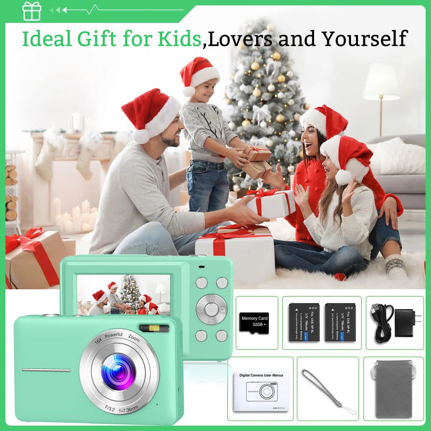 Digital Camera,Kids Camera with 32GB Card FHD 1080P 44MP Vlogging Camera 16X Zoom Portable Mini Camera Gifts for Students Teens,Green