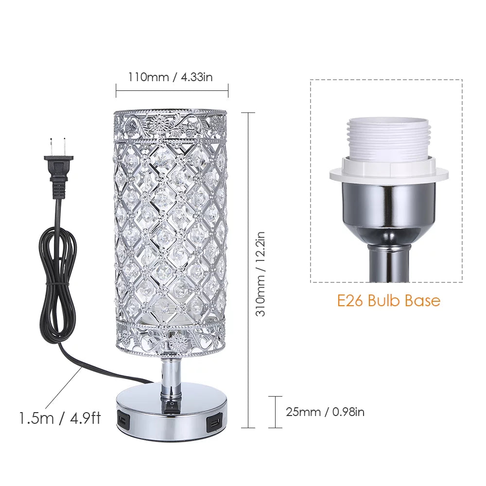 Crystal Table Lamp Set of 2, Bedside Nightstand Lamps with 2 USB Charging Ports, Silver Crystal Desk Lamp for Bedroom Living Room