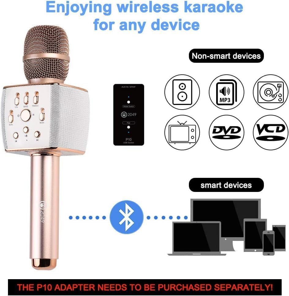 2X13W Cardioid Dynamic Karaoke Microphone, Handheld Wireless Bluetooth Karaoke Systems Karaoke Microphone for Home/Outdoor/Party/Classroom/Car (Rosegold)