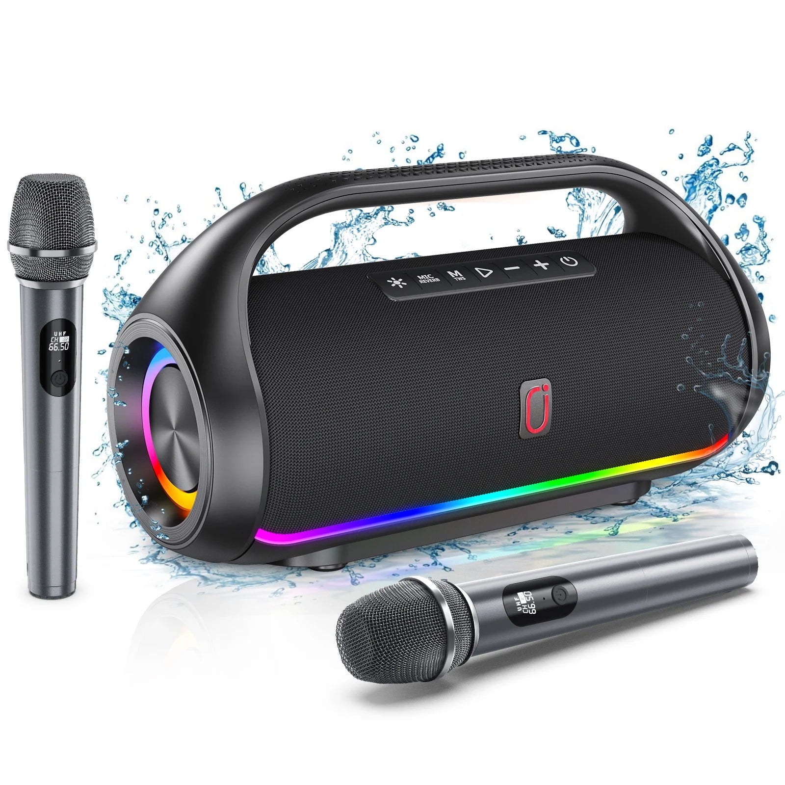 Karaoke Machine, Waterproof Bluetooth Speaker with 2 Wireless Karaoke Microphones, Portable Speaker with RGB Light & Mic, Outdoor Home Party PA System, Support USB/AUX/ TF Card/ Mic/ TWS