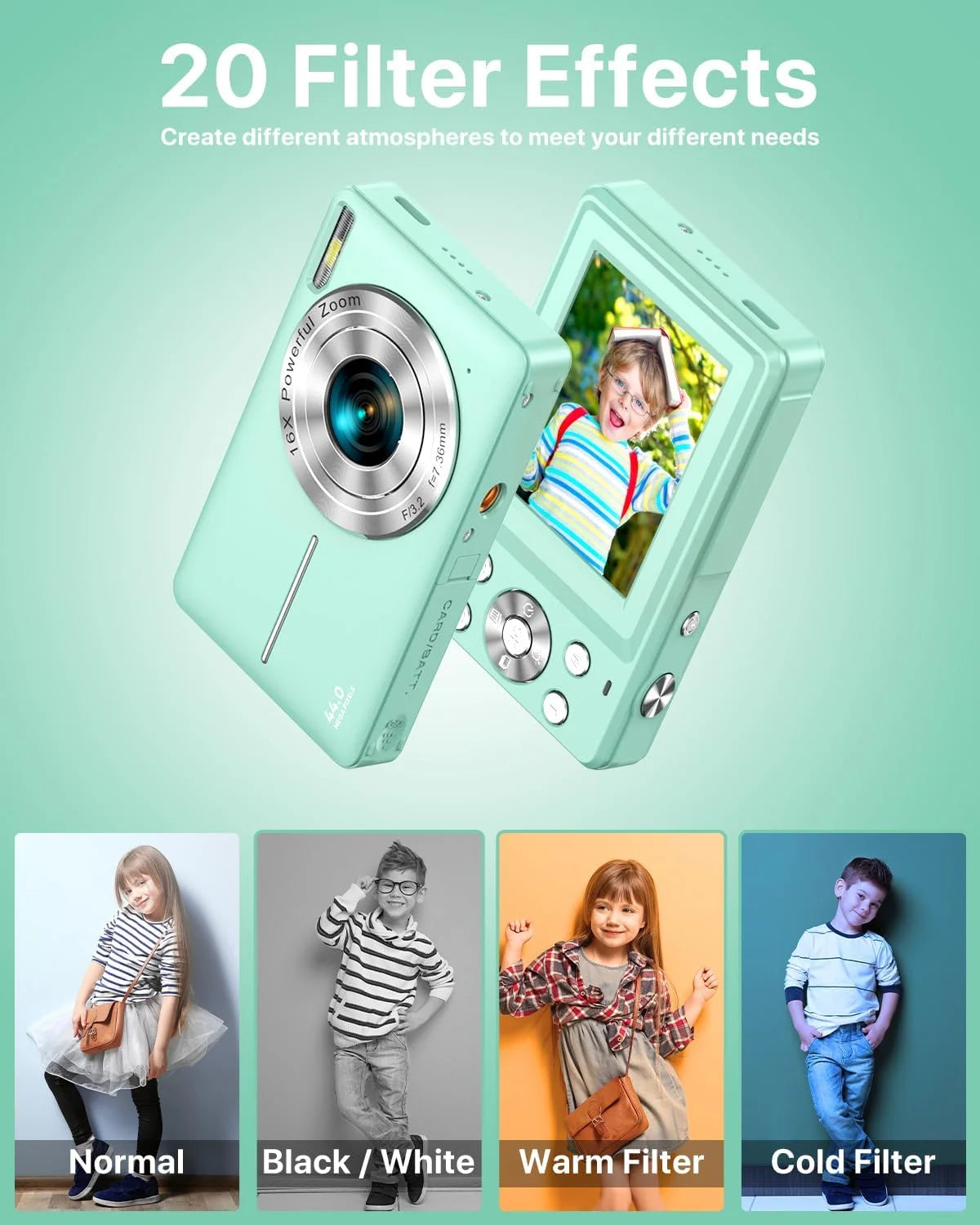 Digital Camera,Kids Camera with 32GB Card FHD 1080P 44MP Vlogging Camera 16X Zoom Portable Mini Camera Gifts for Students Teens,Green