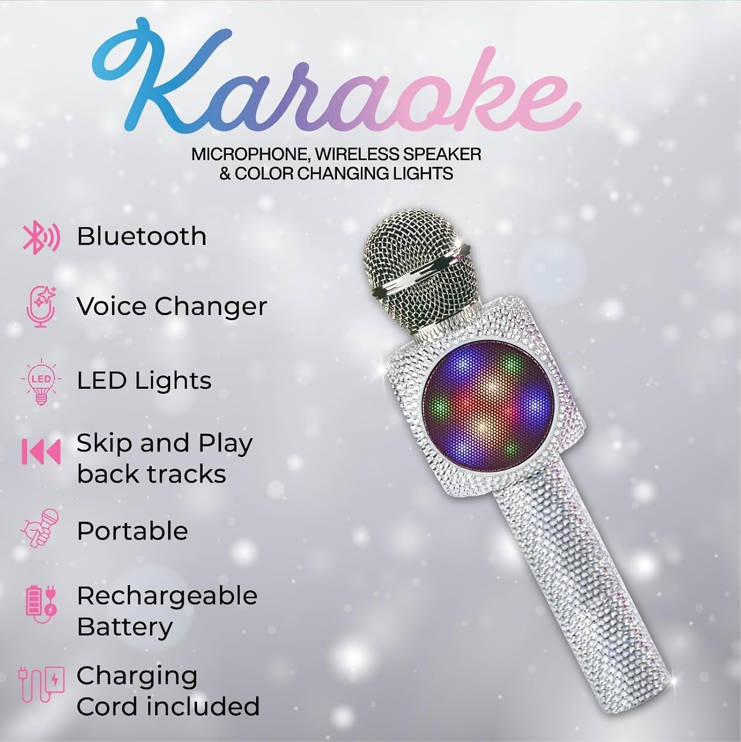 Sing-Along Bling Bluetooth Karaoke Microphone and Bluetooth Stereo Speaker All-In-One (Silver Bling)