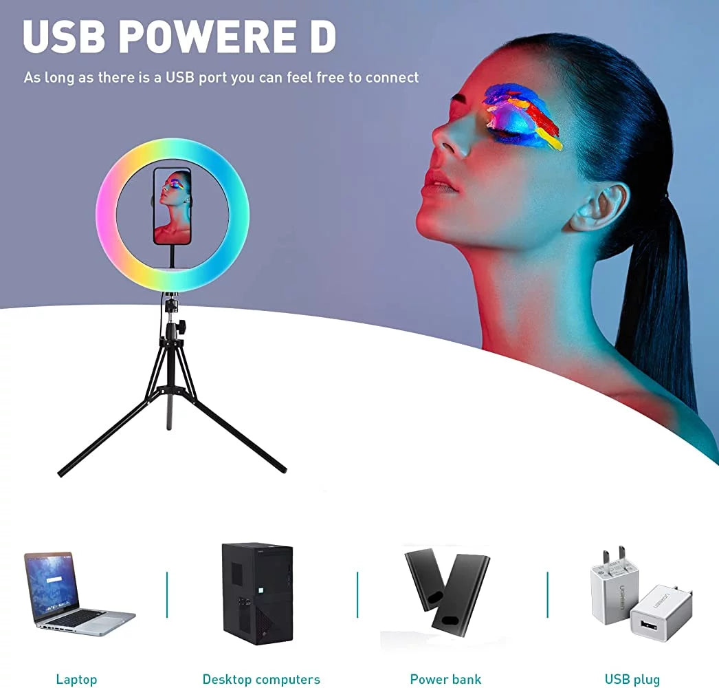 13" RGB Selfie Ring Light W/ Tripod Stand & Phone Holder 26 Modes 10 Brightness Level 120 LED Bulbs Dimmable Selfie Ringlight for Live Stream Makeup Youtube Video Photography Shooting