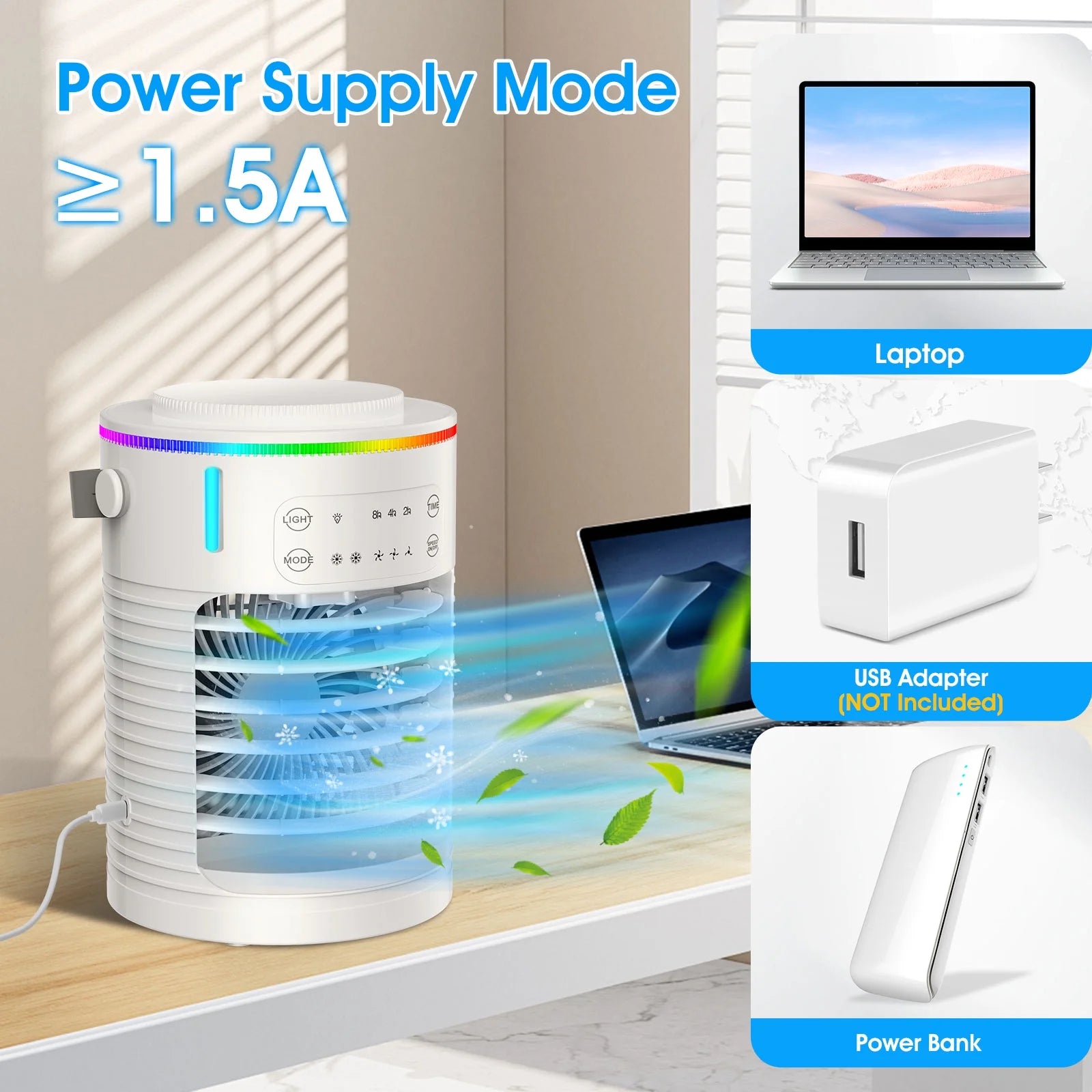 Portable Mini Air Conditioners, USB Personal Air Conditioner, 3-Speed Small Ac Unit, Evaporative Air Cooler with Timer,Nightlight,Tank,2 Mist Modes, Cooling Fan for Bedroom,Office,Tent,Camping,Car